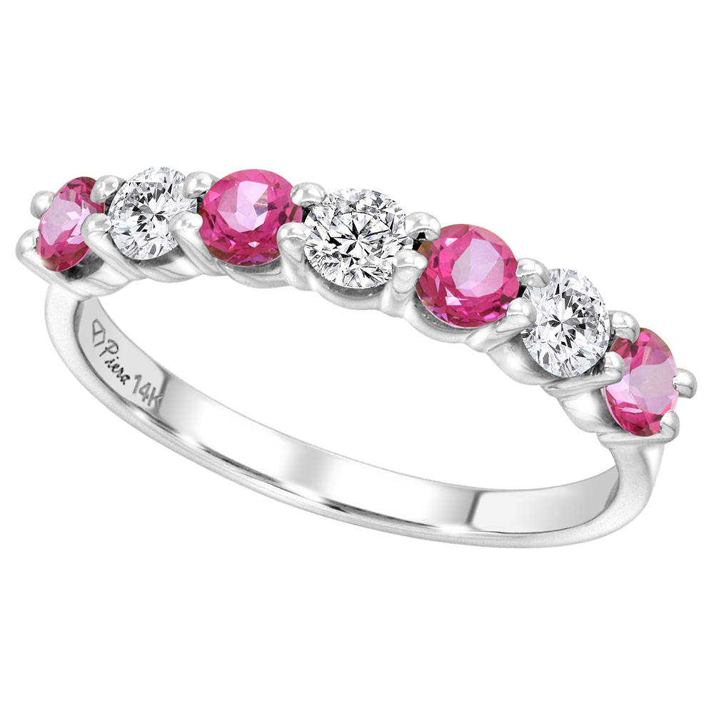 14k White Gold Genuine Pink Topaz and Diamond 7-Stone Ring Round Brilliant cut 0.77cttw 4.1mm, size 5-10