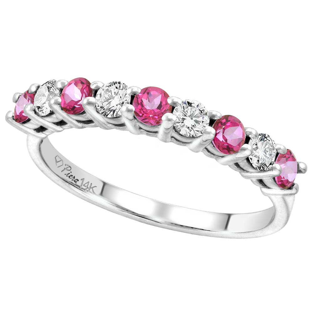 14k White Gold Diamond and Genuine Pink Topaz 9-Stone Ring Round Brilliant cut 0.4cttw 2.8mm, size 5-10
