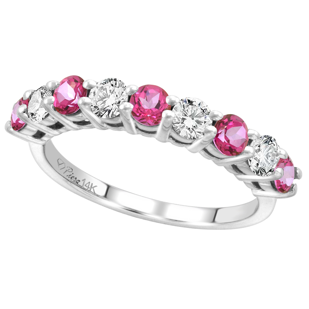 14k White Gold Diamond & Genuine Pink Topaz 9-Stone Ring Round Brilliant cut 0.52 cttw 3.1mm, size 5-10