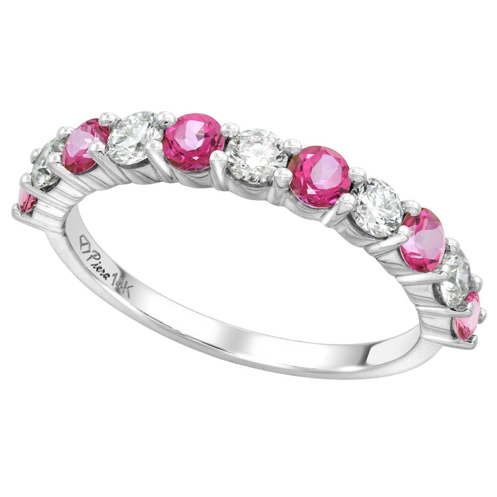 14k White Gold Genuine Pink Topaz & Diamond 11 Stone Ring Round Brilliant cut 0.6ct 3mm, size 5-10