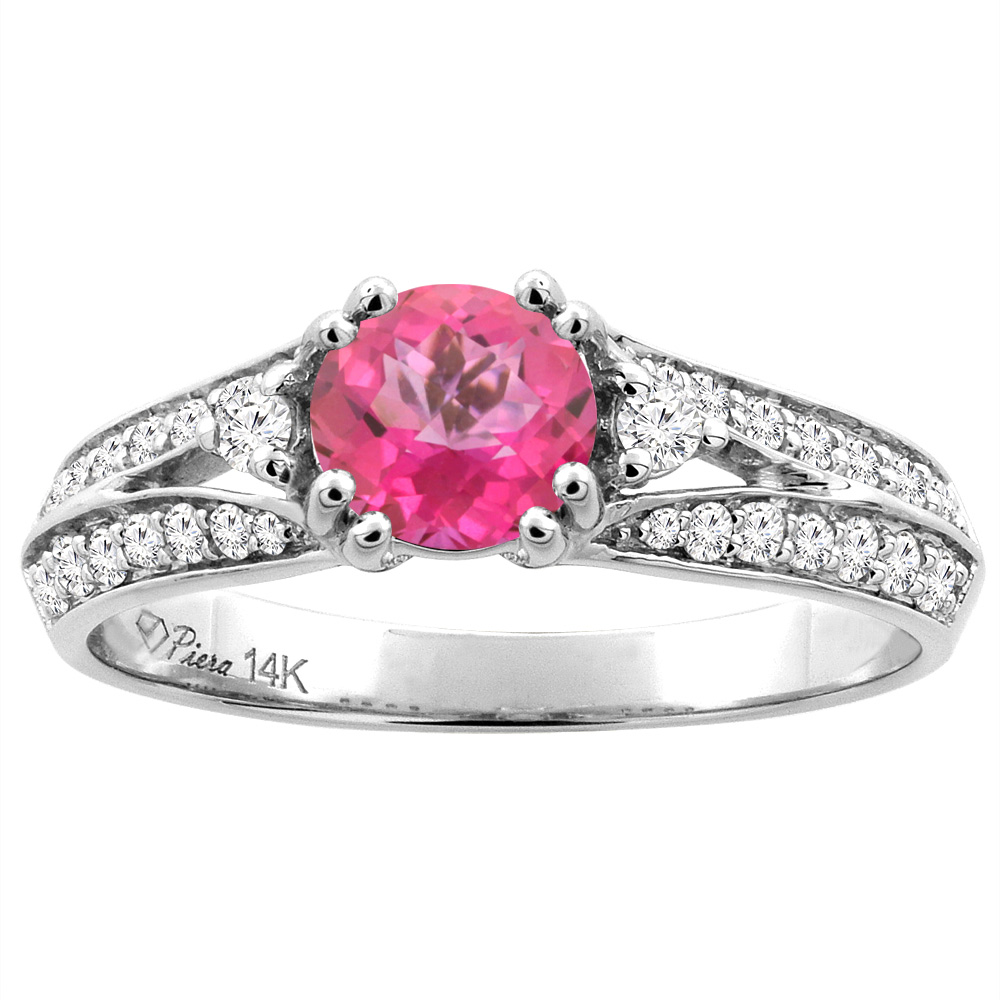 14K White Gold Natural Pink Topaz Engagement Ring Round 6 mm & Diamond Accents, sizes 5 - 10