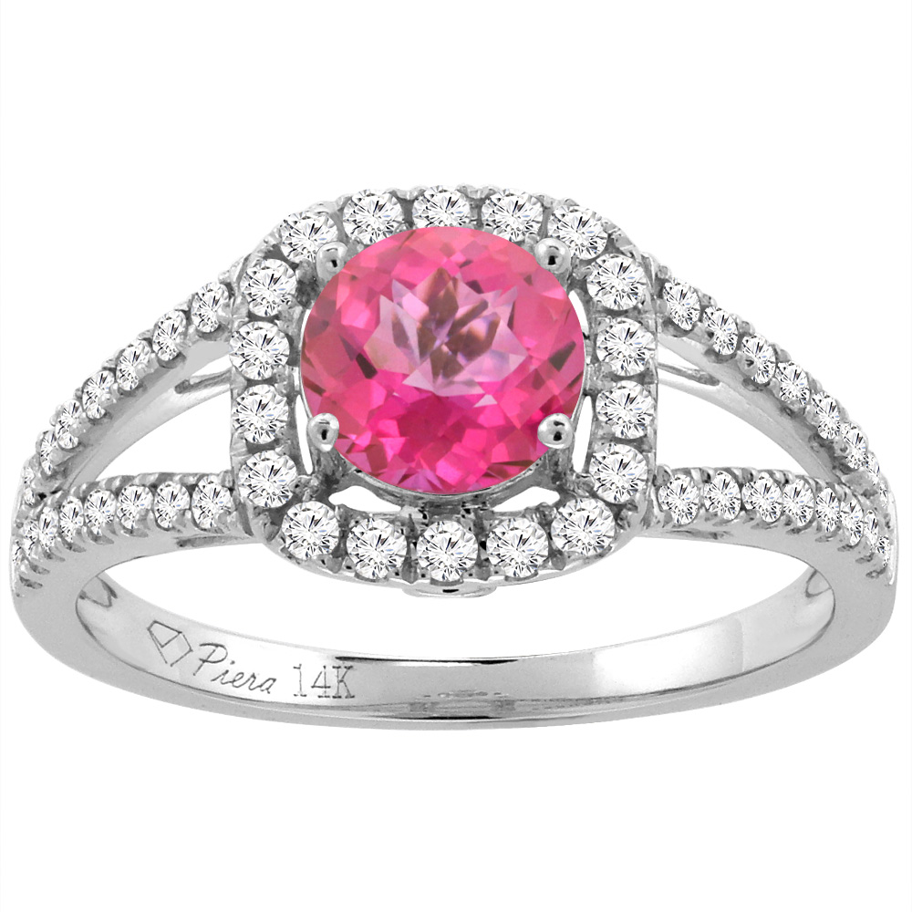 14K White Gold Diamond Natural Pink Topaz Engagement Halo Ring Round 7 mm, sizes 5-10