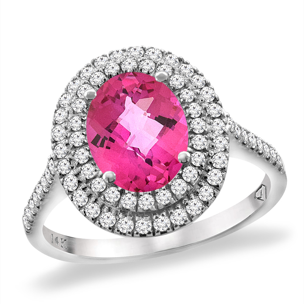 14K White Gold Natural Pink Topaz Two Halo Diamond Engagement Ring 9x7 mm Oval, sizes 5 -10