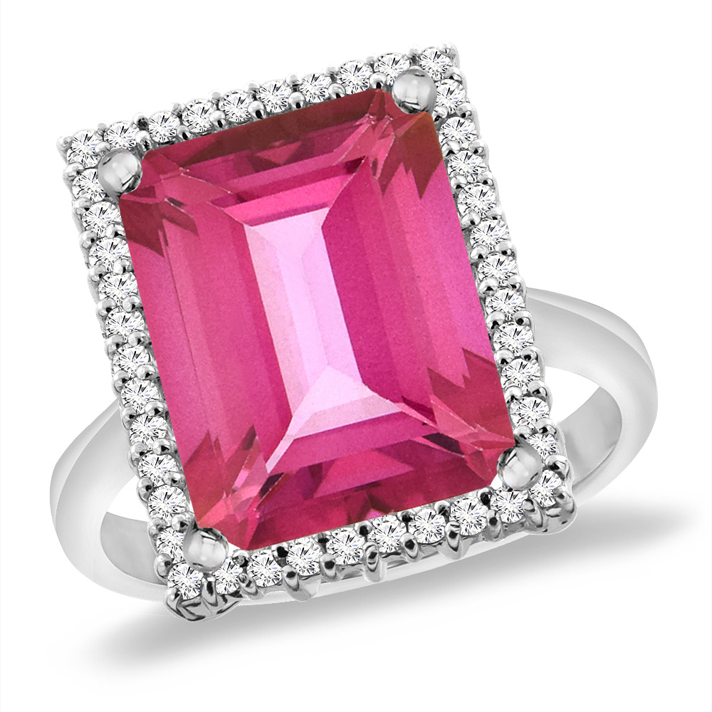 14K White Gold Natural Pink Topaz Ring Diamond Accent 14x10 mm Octagon, sizes 5 -10
