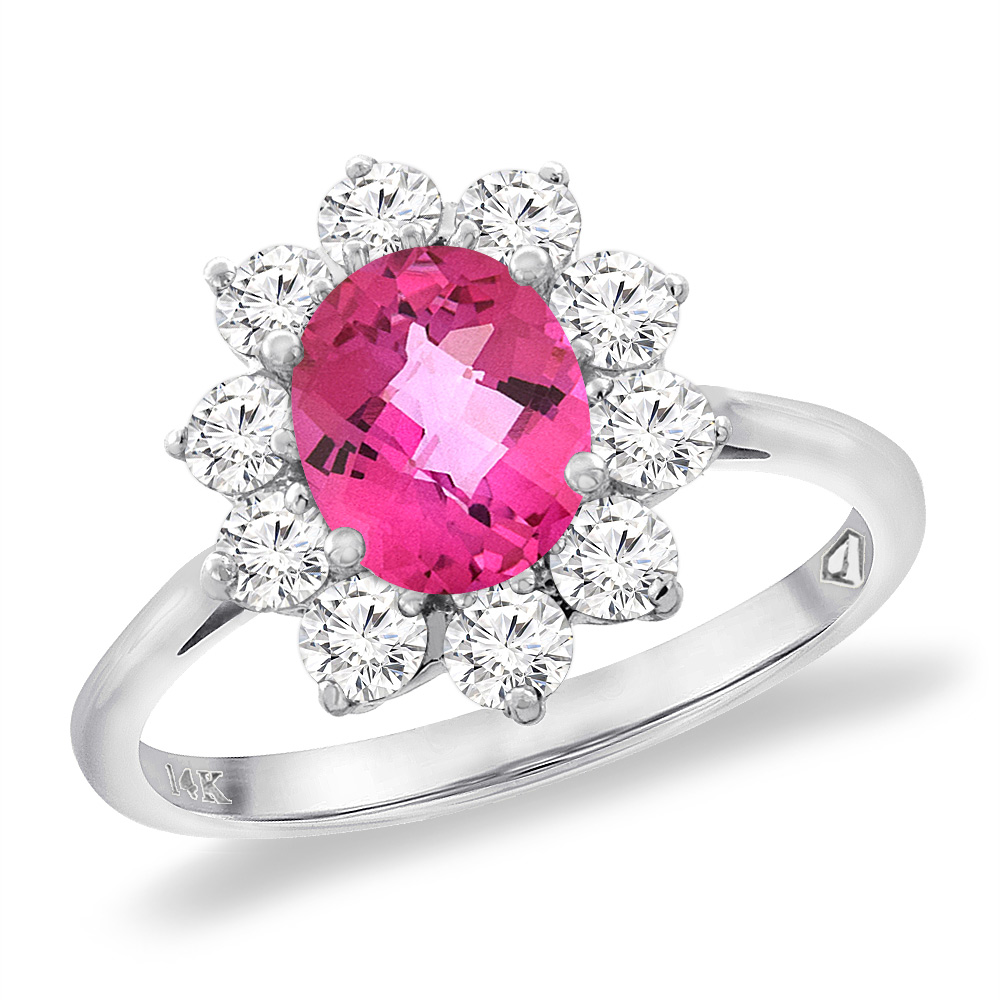 14K White Gold Diamond Natural Pink Topaz Engagement Ring Oval 8x6 mm, sizes 5 -10