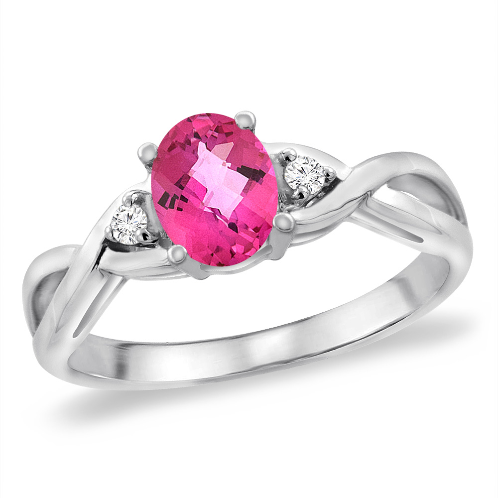 14K White Gold Diamond Natural Pink Topaz Infinity Engagement Ring Oval 7x5 mm, sizes 5 -10