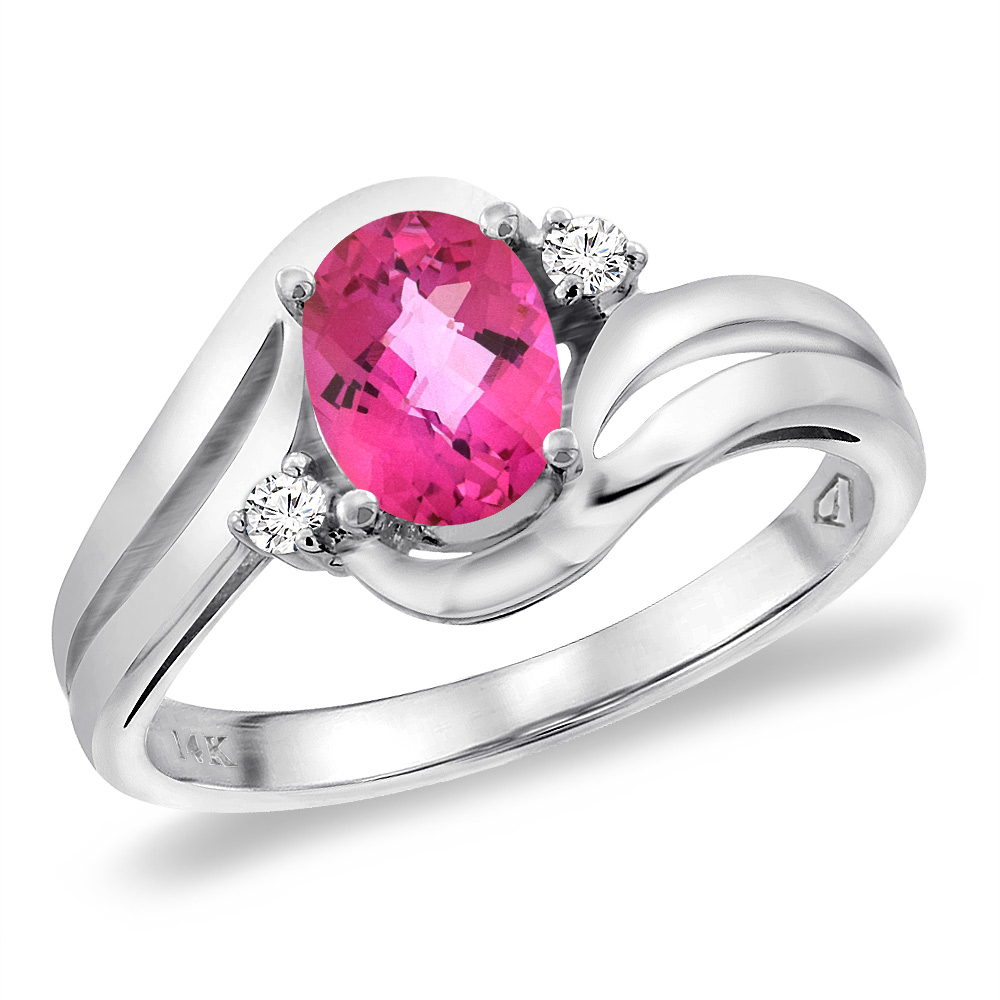 14K White Gold Diamond Natural Pink Topaz Bypass Engagement Ring Oval 8x6 mm, sizes 5 -10