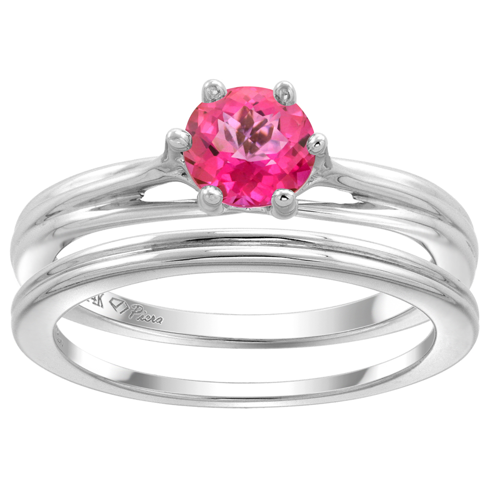 14k White Gold Genuine Pink Topaz Solitaire Engagement 2pc Ring Set Round 6mm, size 5-10