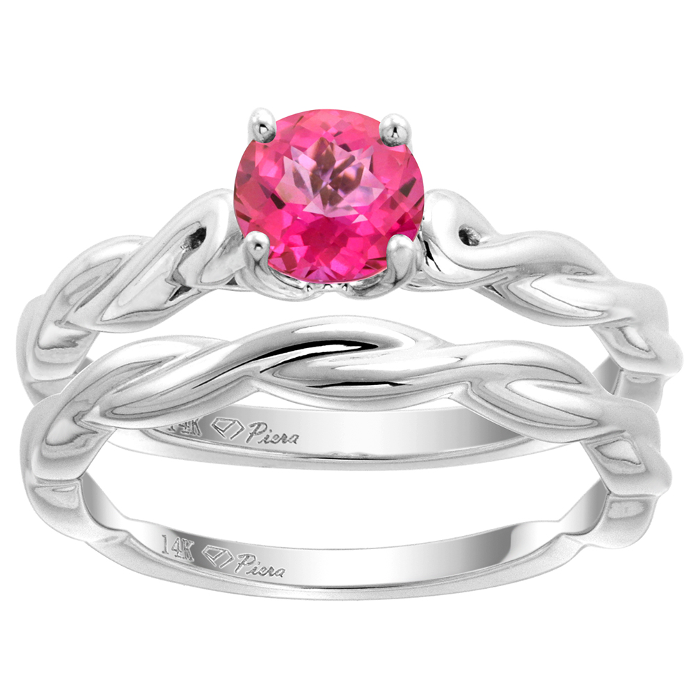 14k White Gold Genuine Pink Topaz 2pc Solitaire Engagement Ring Set Round 6mm Twisted Shank, size 5-10