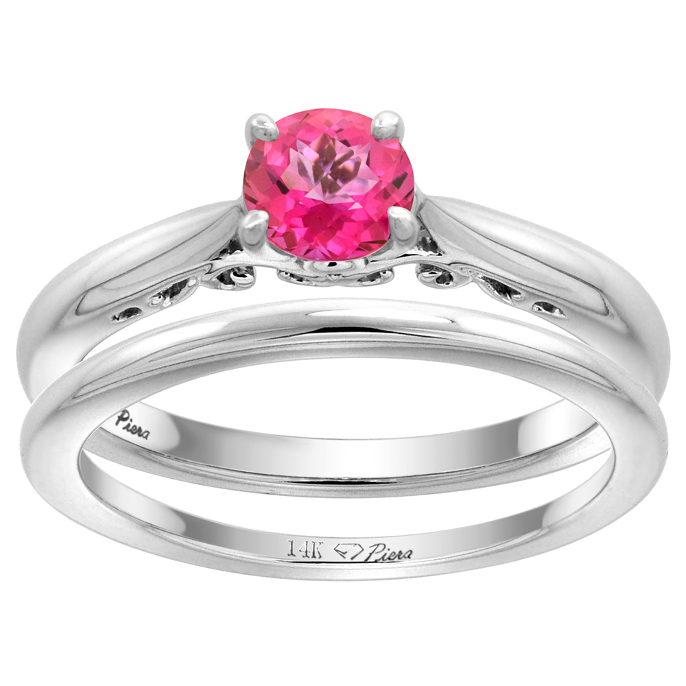 14k White Gold Genuine Pink Topaz Solitaire Engagement 2pc Ring Set Round 6mm, size 5-10