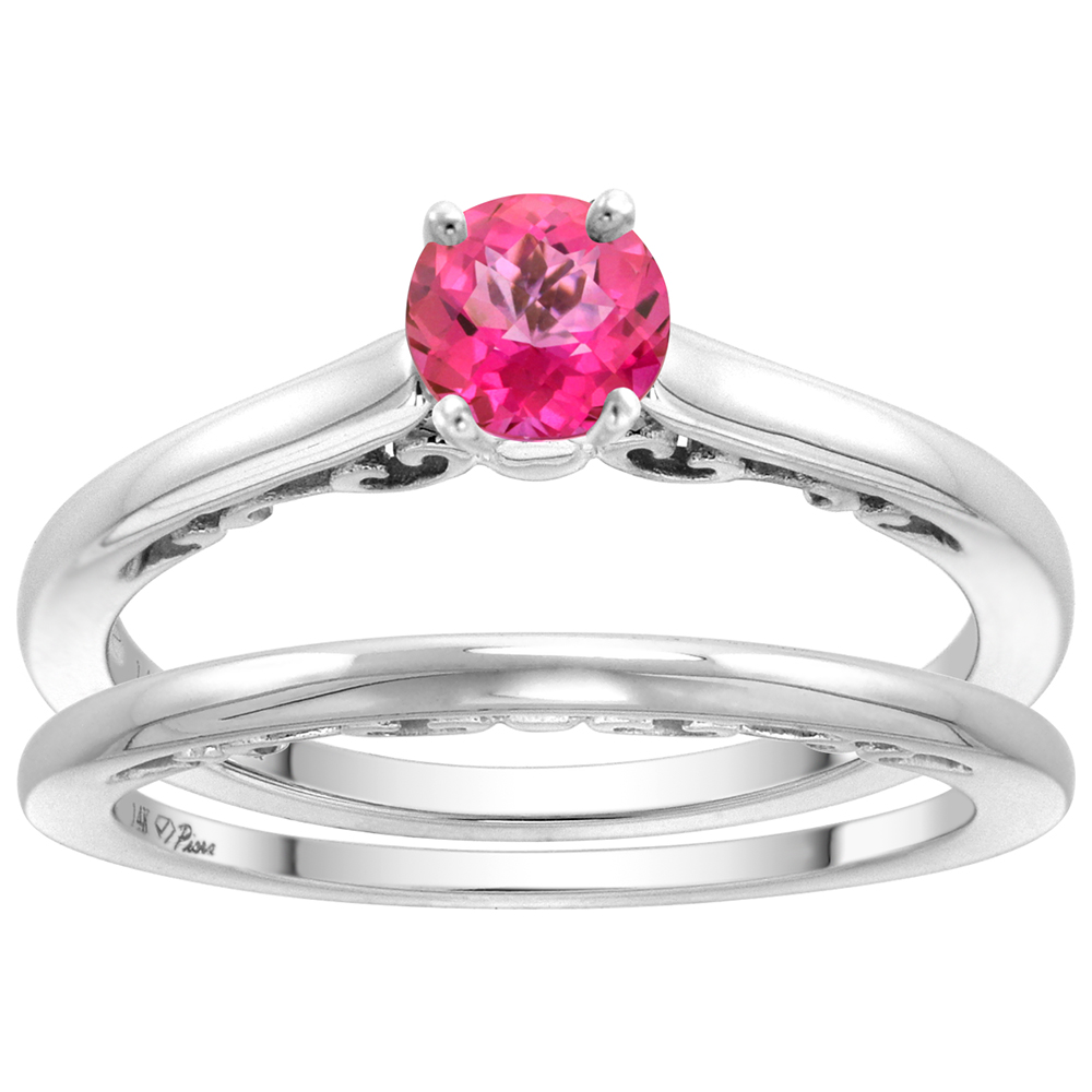 14k White Gold Genuine Pink Topaz Solitaire Engagement 2pc Ring Set Round 4mm, size 5-10