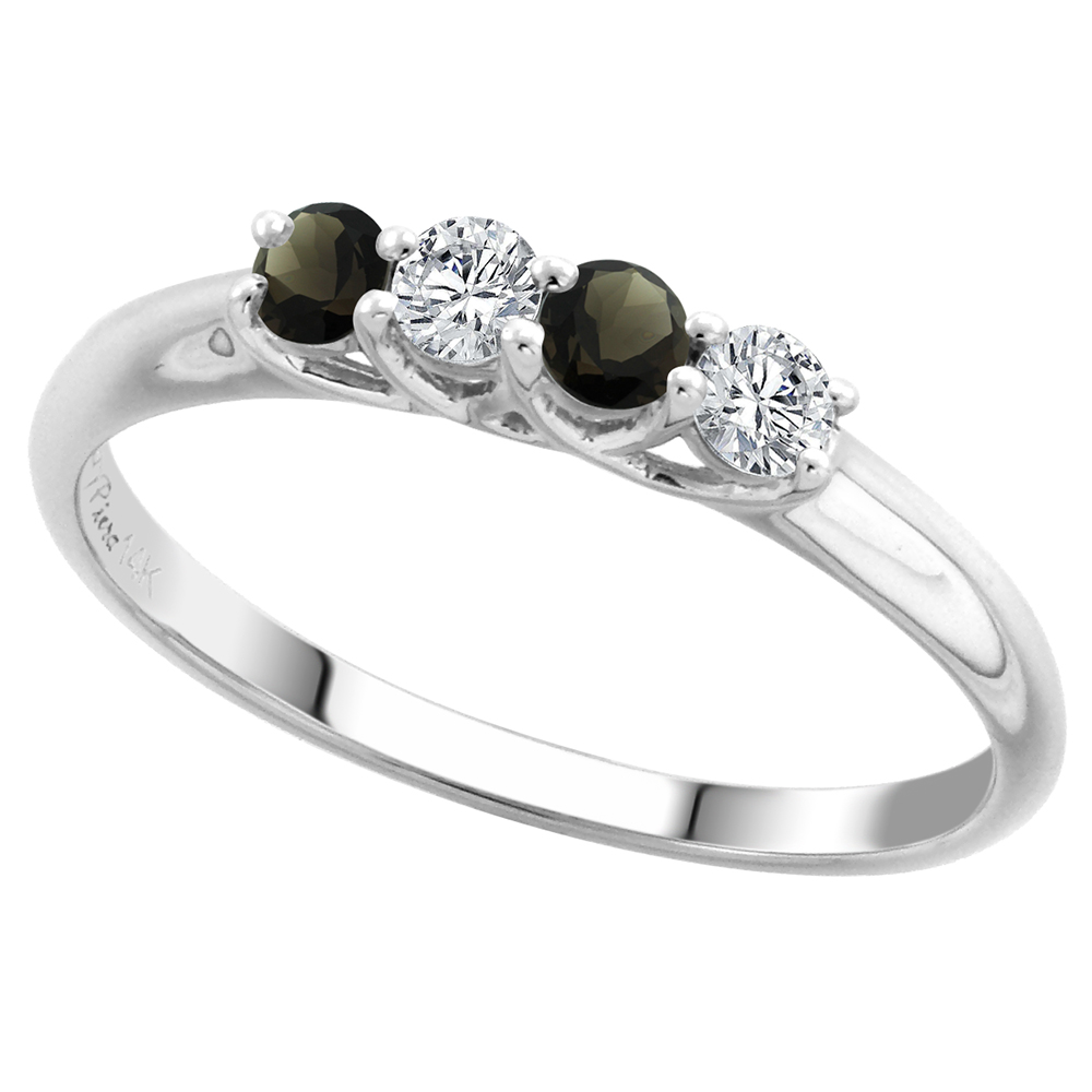 14k White Gold Genuine Smoky Topaz and Diamond 4-Stone Ring Round Brilliant cut 0.17ct 2.7mm, size 5-10