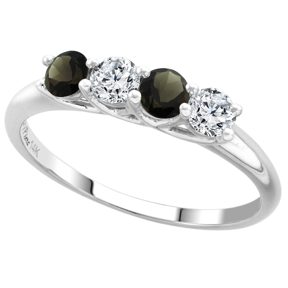 14k White Gold Genuine Smoky Topaz and Diamond 4-Stone Ring Round Brilliant cut 0.28ct 3.2mm, size 5-10
