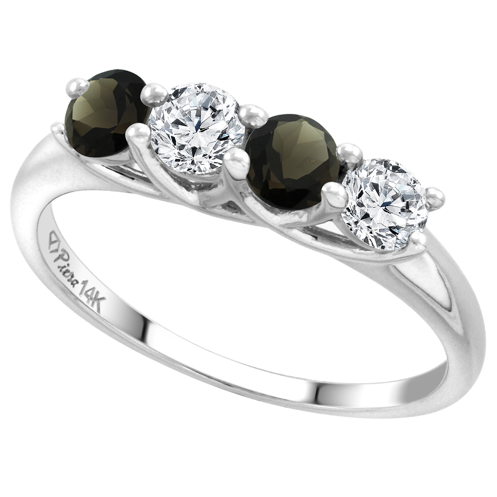 14k White Gold Genuine Smoky Topaz and Diamond 4-Stone Ring Round Brilliant cut 0.4cttw 3.7mm size 5-10