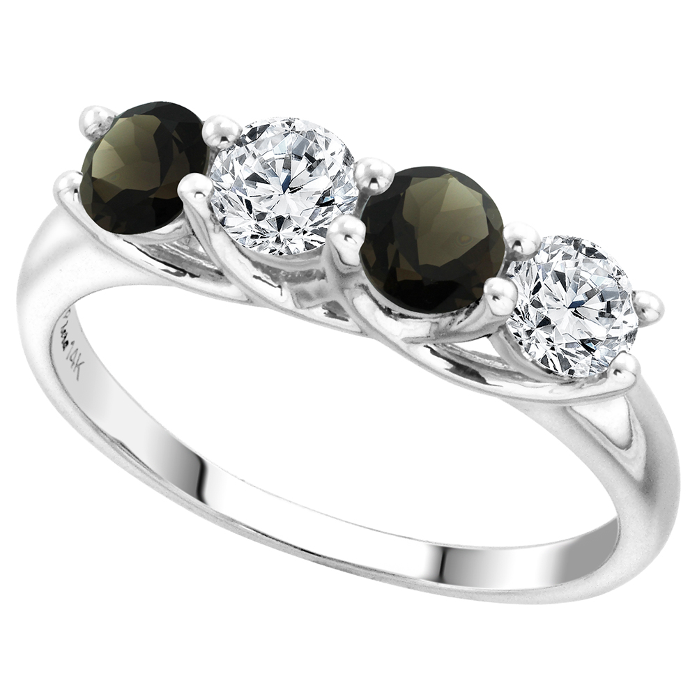 14k White Gold Genuine Smoky Topaz and Diamond 4-Stone Ring Round Brilliant cut 0.5cttw 4.1mm size 5-10
