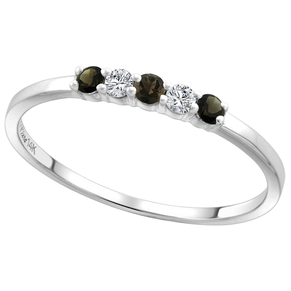 14k White Gold Genuine Smoky Topaz and Diamond 5-Stone Ring Round Brilliant cut 0.08cttw 2mm, size 5-10