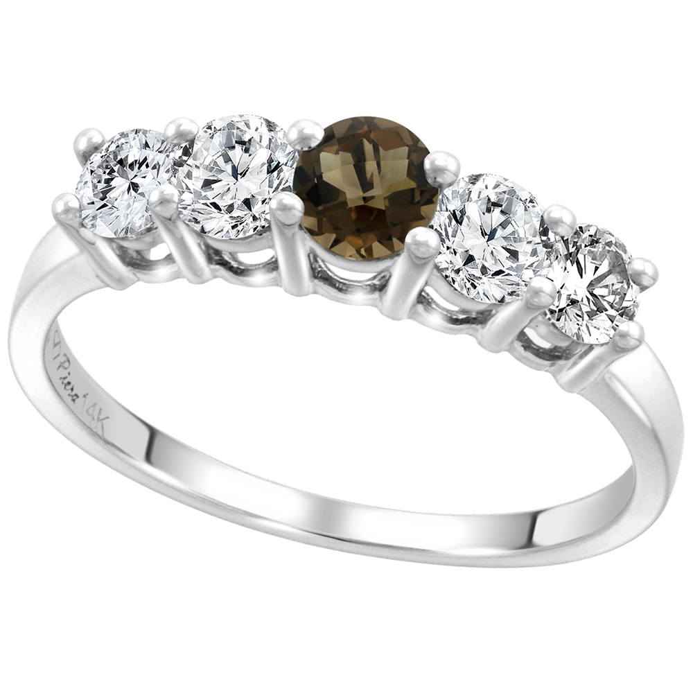 14k White Gold 0.6ct Diamond & Genuine Smoky Topaz 5-Stone Ring Round Brilliant cut 4mm, size 5-10