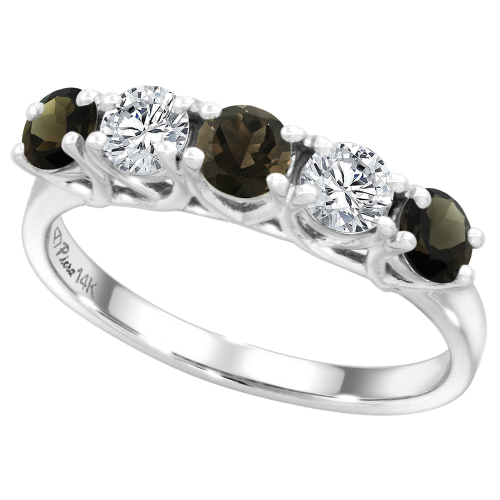 14k White Gold Genuine Smoky Topaz and Diamond 5-Stone Ring Round Brilliant cut 0.4ct 3.7mm, size 5-10