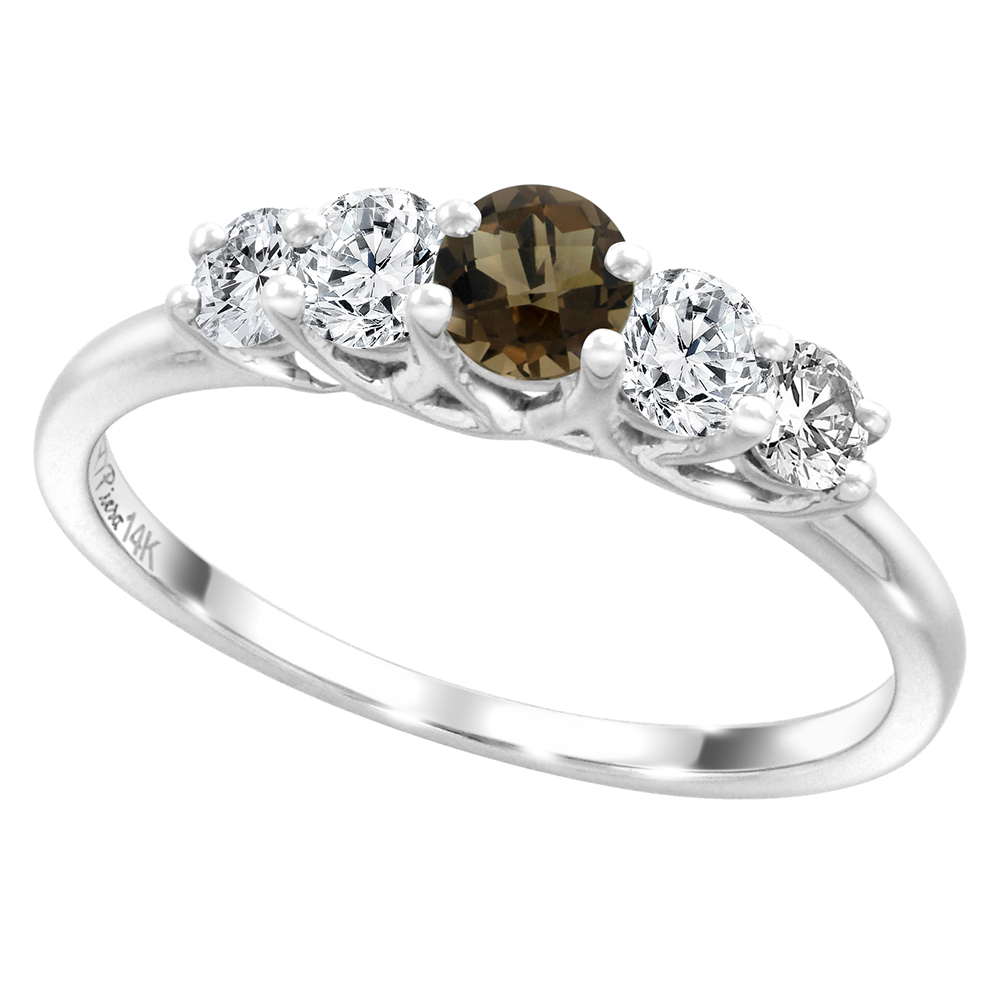 14k White Gold 0.4ct Diamond & Genuine Smoky Topaz 5-Stone Ring Round Brilliant cut 3.6mm, size 5-10