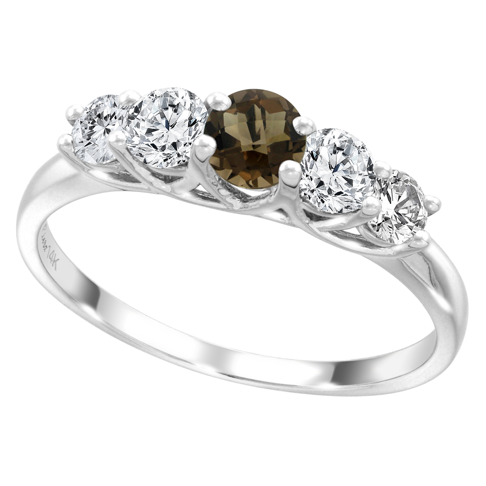 14k White Gold 0.6ct Diamond & Genuine Smoky Topaz 5-Stone Ring Round Brilliant cut 3.8mm, size 5-10