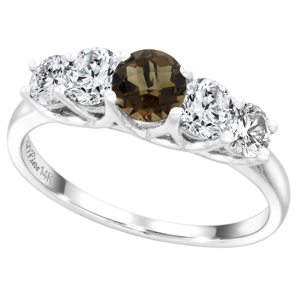 14k White Gold 0.7ct Diamond & Genuine Smoky Topaz 5-Stone Ring Round Briliant cut 4.8mm, size 5-10