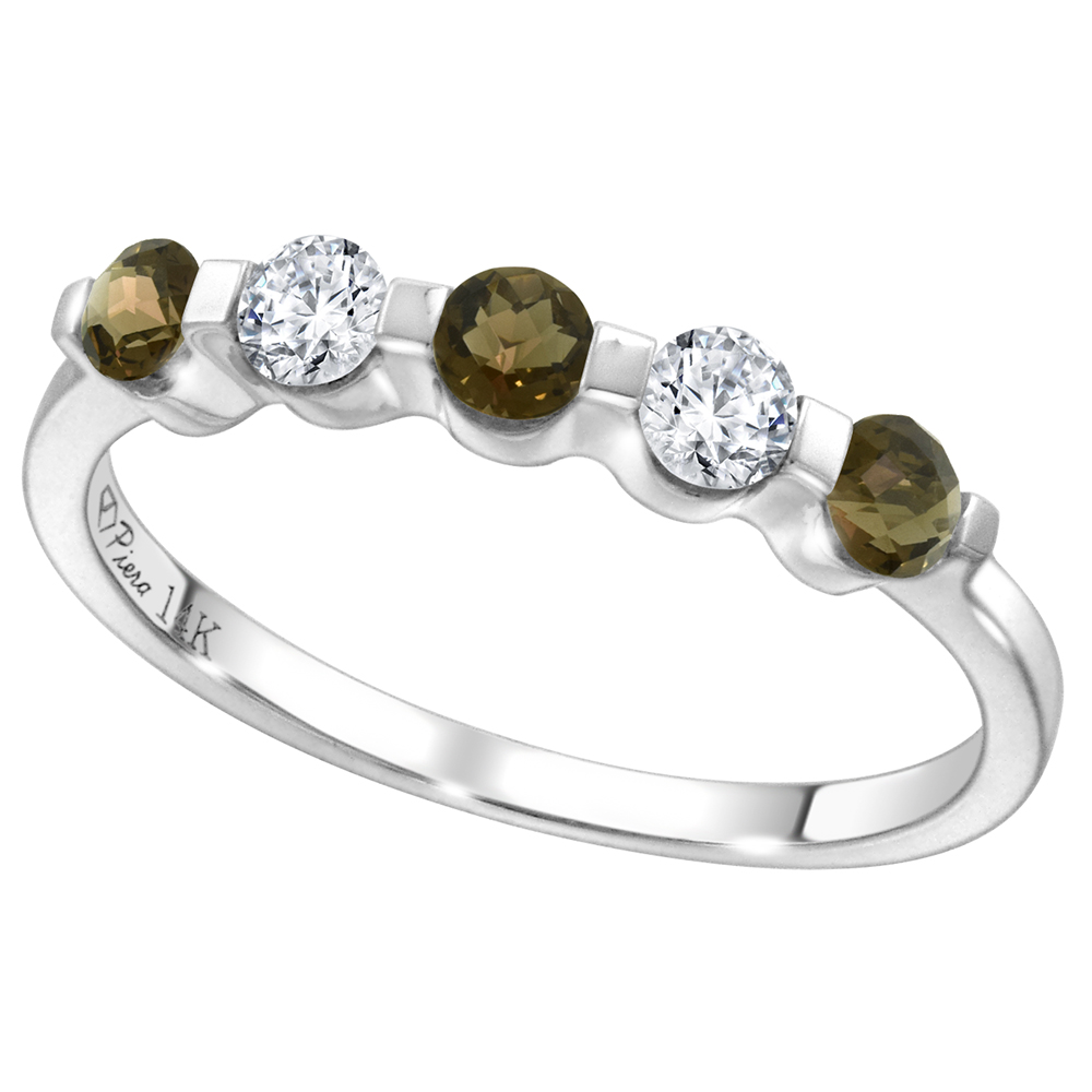 14k White Gold 0.23ct Diamond & Genuine Smoky Topaz 5-Stone Ring Round Brilliant cut 3mm, size 5-10