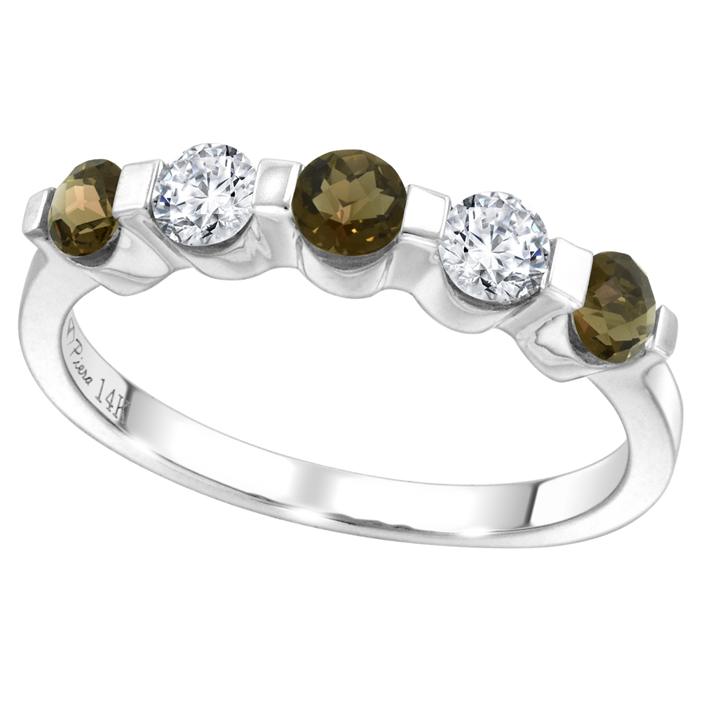 14k White Gold 0.33ct Diamond & Genuine Smoky Topaz 5-Stone Ring Round Brilliant cut 3.4mm, size 5-10