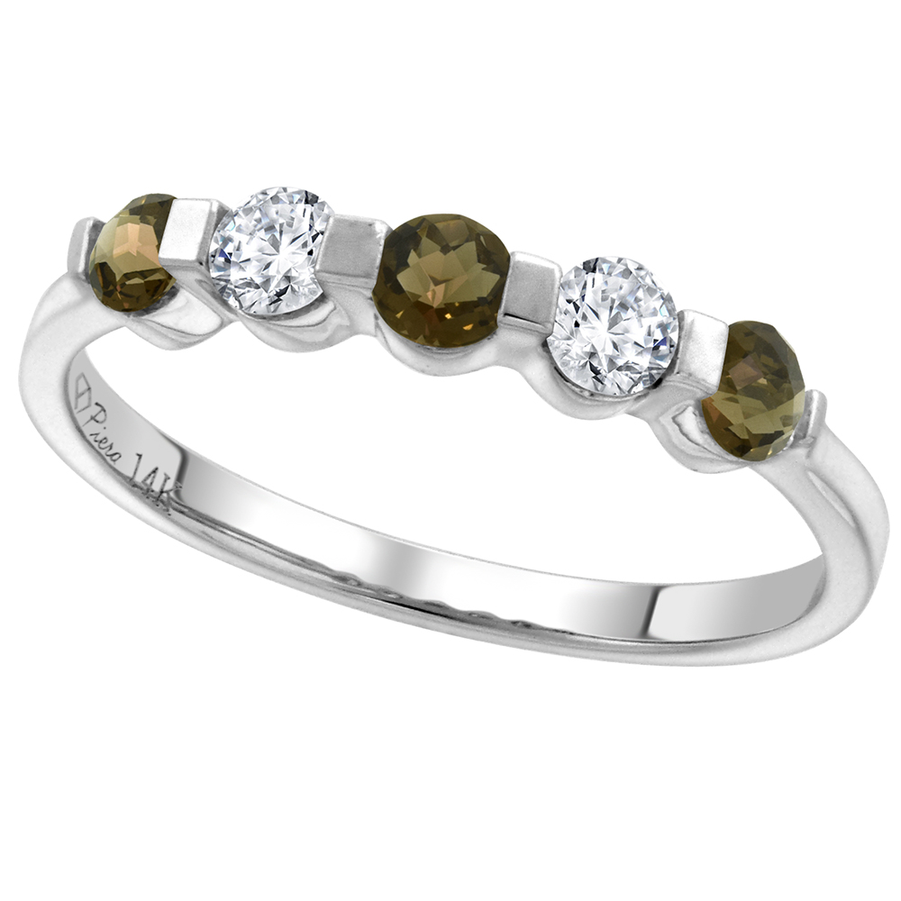 14k White Gold 0.23ct Diamond & Genuine Smoky Topaz 5-Stone Ring Round Brilliant cut 3mm, size 5-10