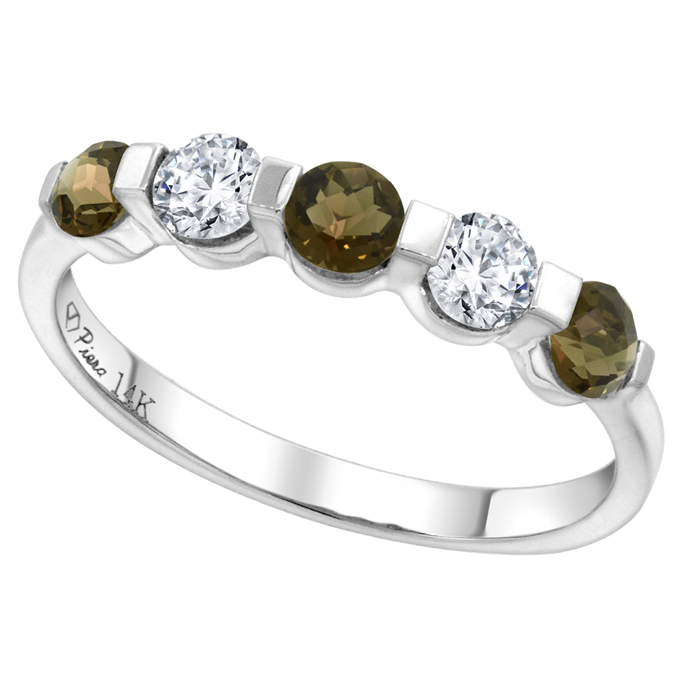 14k White Gold 0.33ct Diamond & Genuine Smoky Topaz 5-Stone Ring Round Brilliant cut 3.4mm, size 5-10
