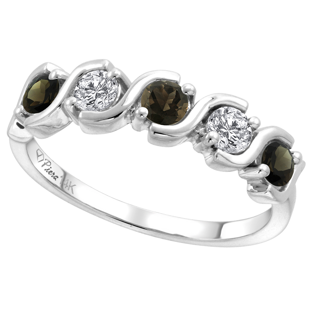 14k White Gold 5-Stone Diamond & Genuine Smoky Topaz Ring Round Brilliant cut 0.23 cttw 3mm, size 5-10