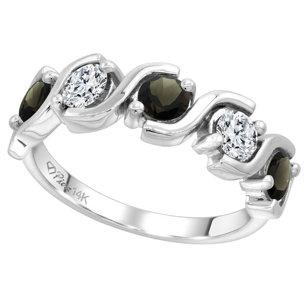 14k White Gold 5-Stone Genuine Smoky Topaz and Diamond Ring Round Brilliant cut 0.4ct 3.7mm, size 5-10