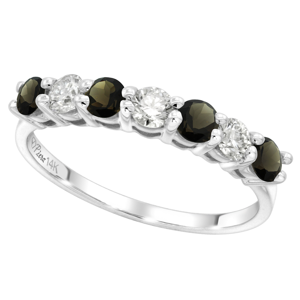 14k White Gold Genuine Smoky Topaz and Diamond 7-stone Ring Round Brilliant cut 0.35ct 3mm, size 5-10