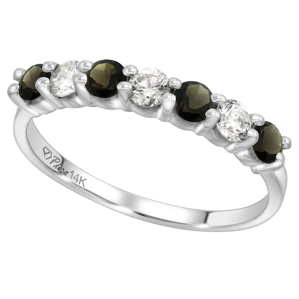 14k White Gold Genuine Smoky Topaz and Diamond 7-Stone Ring Round Brilliant cut 0.35cttw 3mm, size 5-10