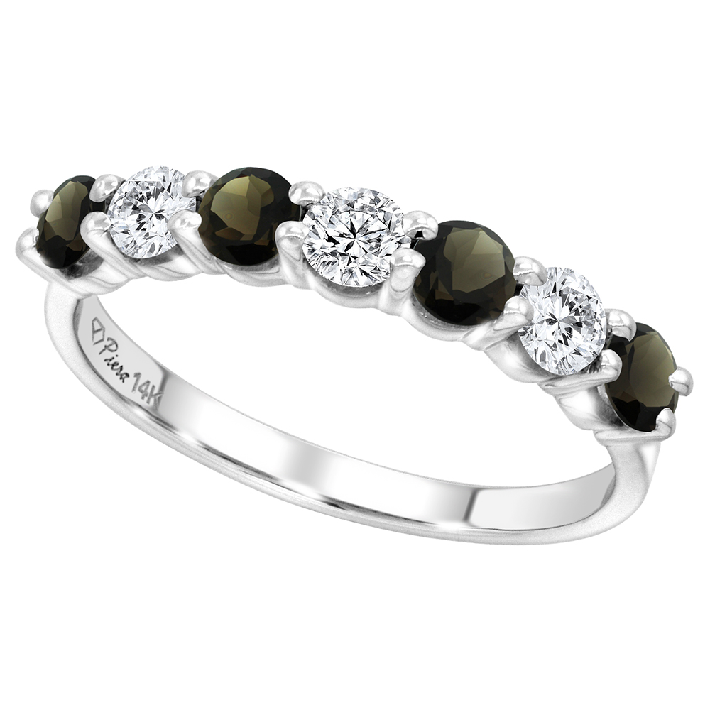 14k White Gold Genuine Smoky Topaz and Diamond 7-Stone Ring Round Brilliant cut 0.77cttw 4.1mm, size 5-10