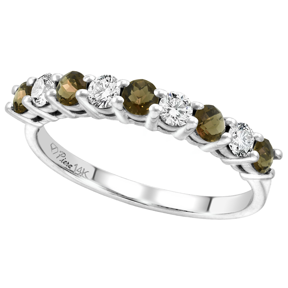 14k White Gold Diamond and Genuine Smoky Topaz 9-Stone Ring Round Brilliant cut 0.4cttw 2.8mm, size 5-10