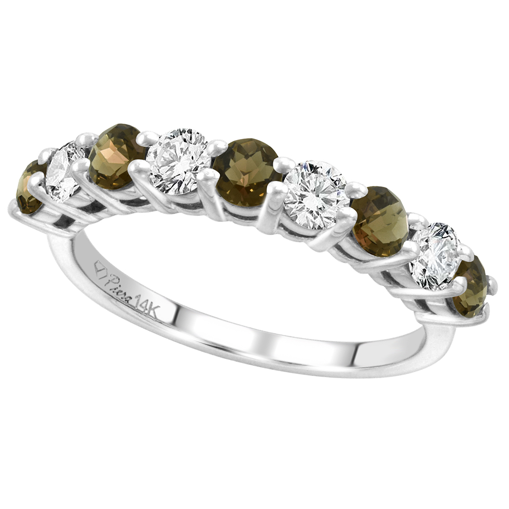 14k White Gold Diamond & Genuine Smoky Topaz 9-Stone Ring Round Brilliant cut 0.52 cttw 3.1mm, size 5-10