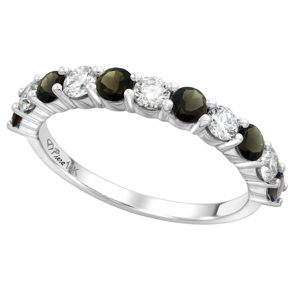 14k White Gold Genuine Smoky Topaz & Diamond 11 Stone Ring Round Brilliant cut 0.6ct 3mm, size 5-10