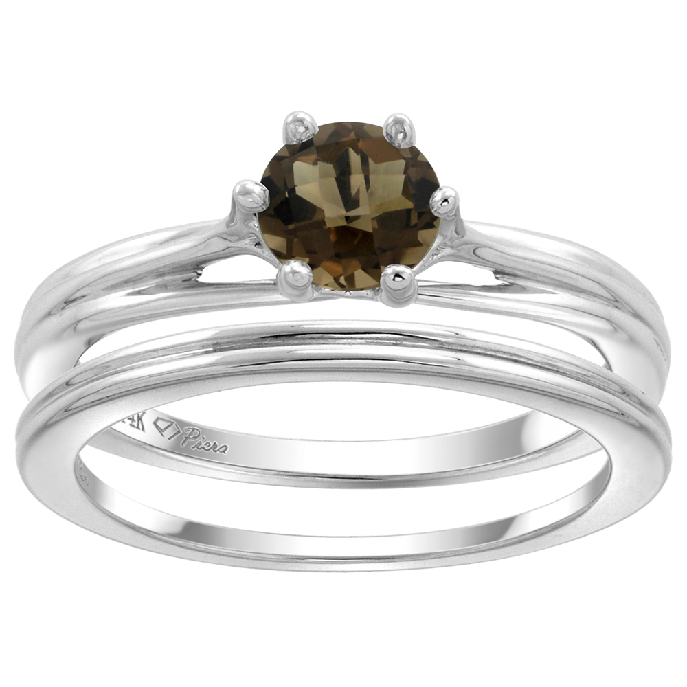 14k White Gold Genuine Smoky Topaz Solitaire Engagement 2pc Ring Set Round 6mm, size 5-10
