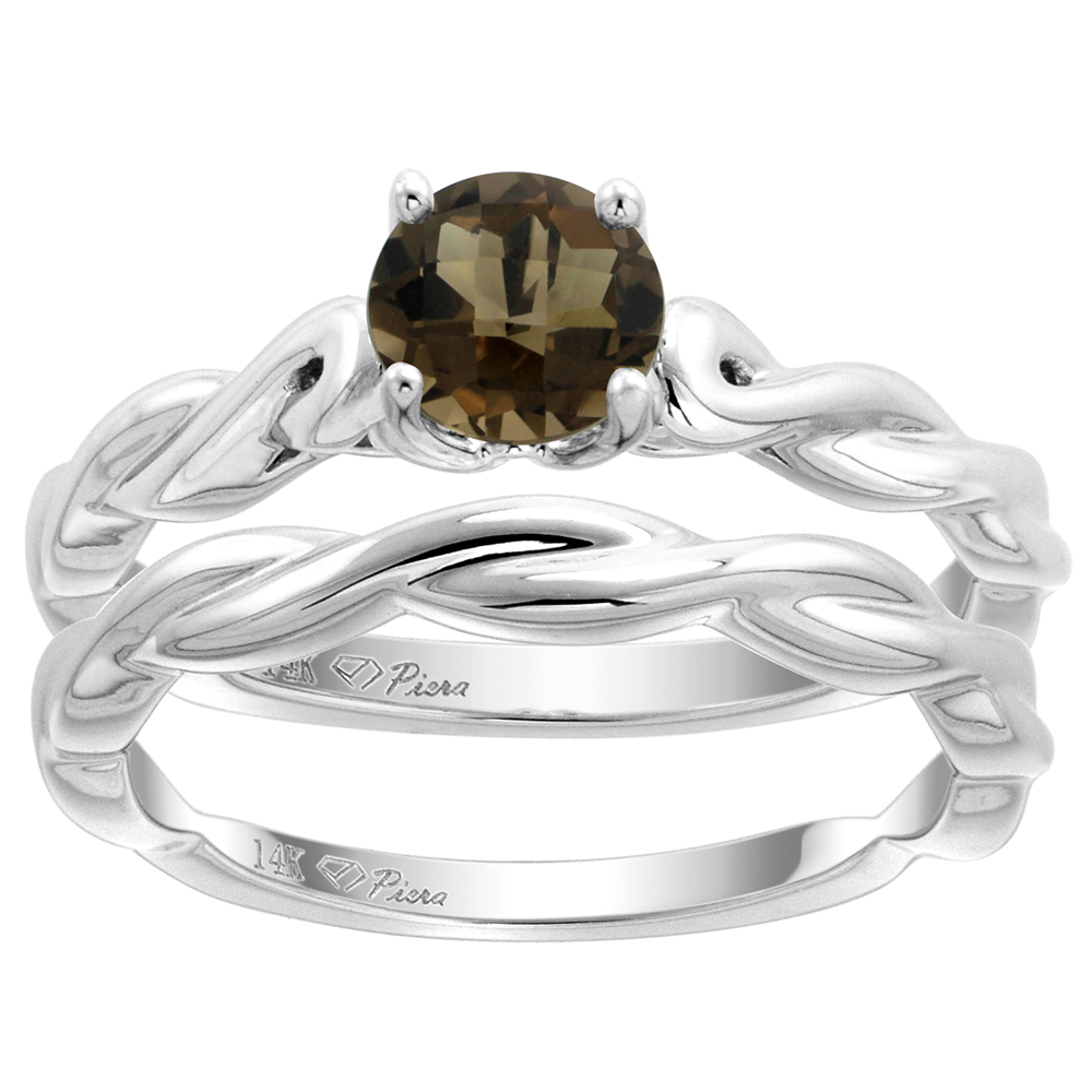 14k White Gold Genuine Smoky Topaz 2pc Solitaire Engagement Ring Set Round 6mm Twisted Shank, size 5-10