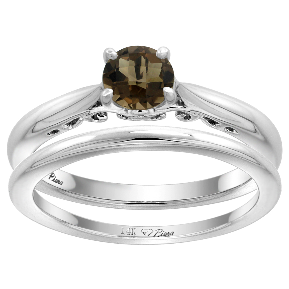 14k White Gold Genuine Smoky Topaz Solitaire Engagement 2pc Ring Set Round 6mm, size 5-10