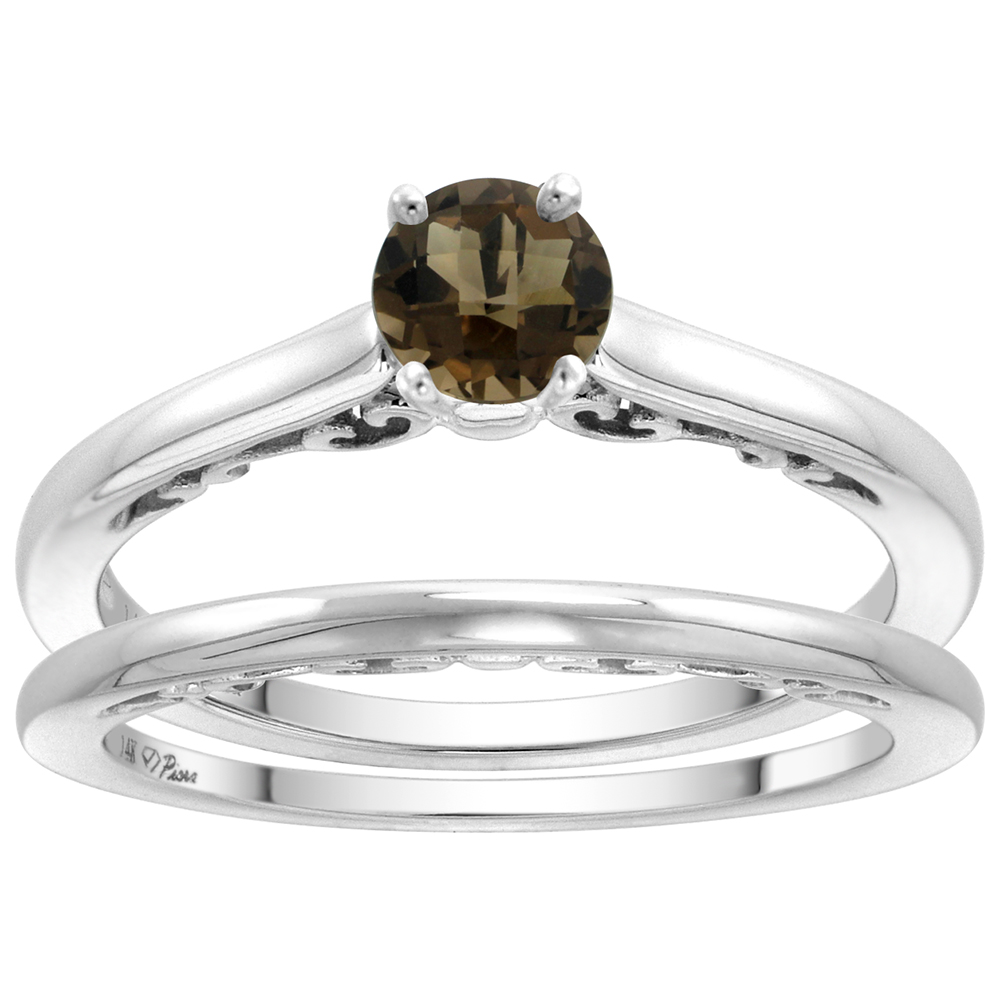 14k White Gold Genuine Smoky Topaz Solitaire Engagement 2pc Ring Set Round 4mm, size 5-10