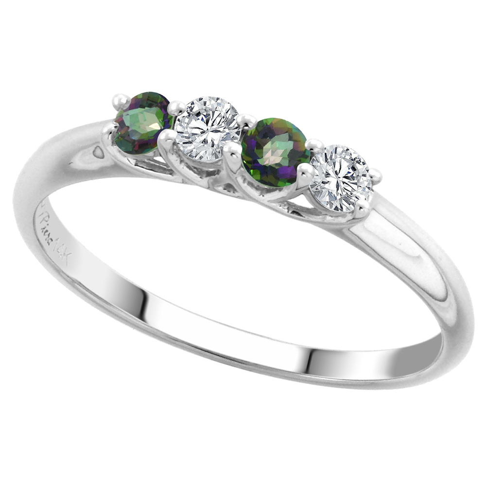 14k White Gold Genuine Mystic Topaz and Diamond 4-Stone Ring Round Brilliant cut 0.17ct 2.7mm, size 5-10