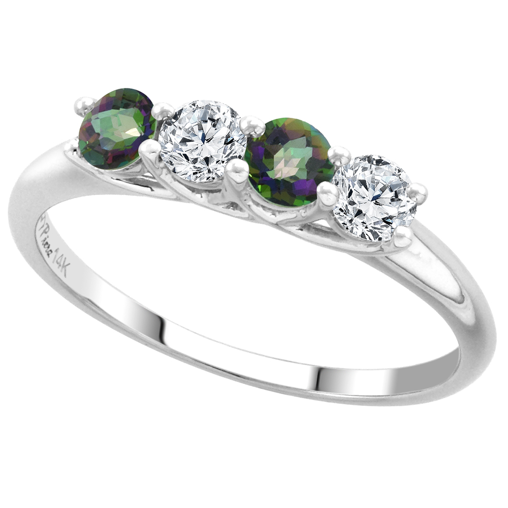 14k White Gold Genuine Mystic Topaz and Diamond 4-Stone Ring Round Brilliant cut 0.28ct 3.2mm, size 5-10