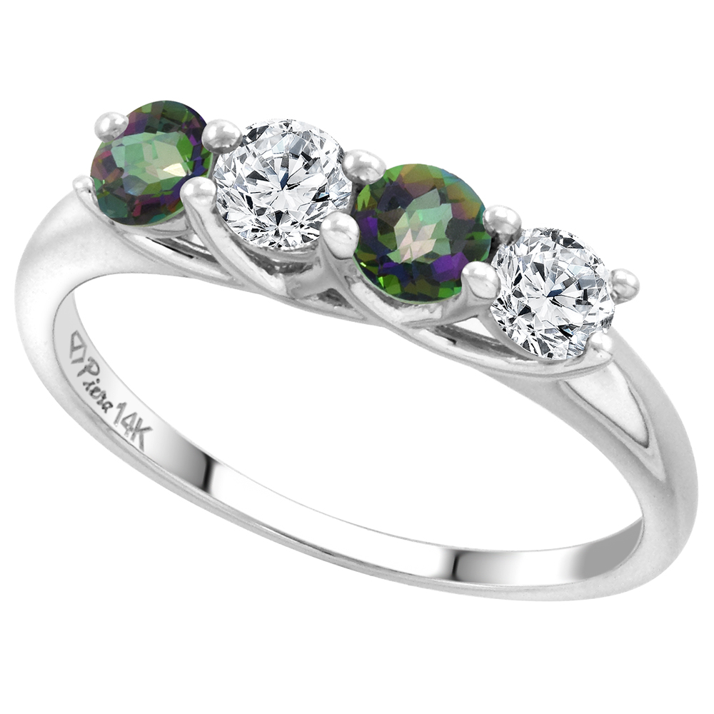 14k White Gold Genuine Mystic Topaz and Diamond 4-Stone Ring Round Brilliant cut 0.4cttw 3.7mm size 5-10