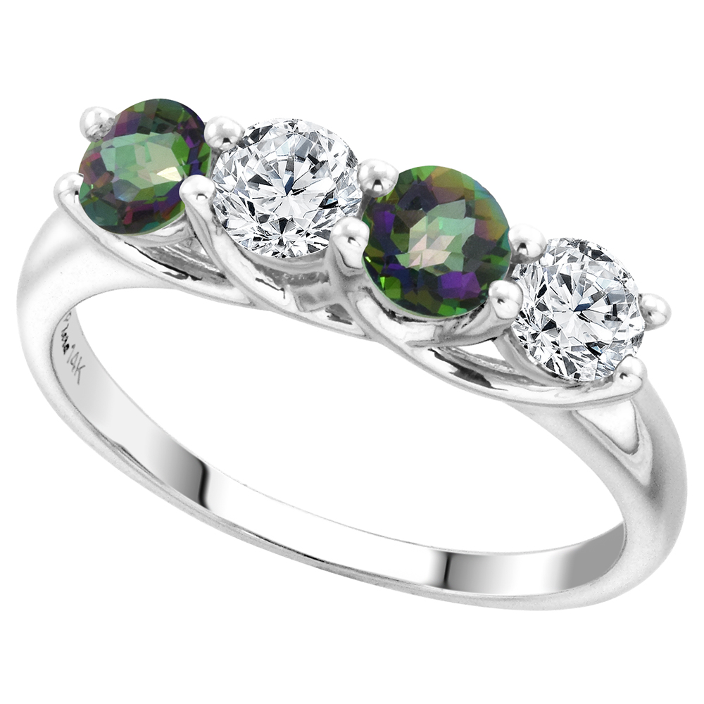 14k White Gold Genuine Mystic Topaz and Diamond 4-Stone Ring Round Brilliant cut 0.5cttw 4.1mm size 5-10