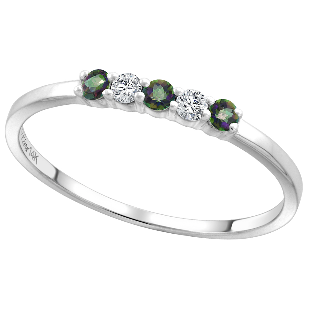 14k White Gold Genuine Mystic Topaz and Diamond 5-Stone Ring Round Brilliant cut 0.08cttw 2mm, size 5-10
