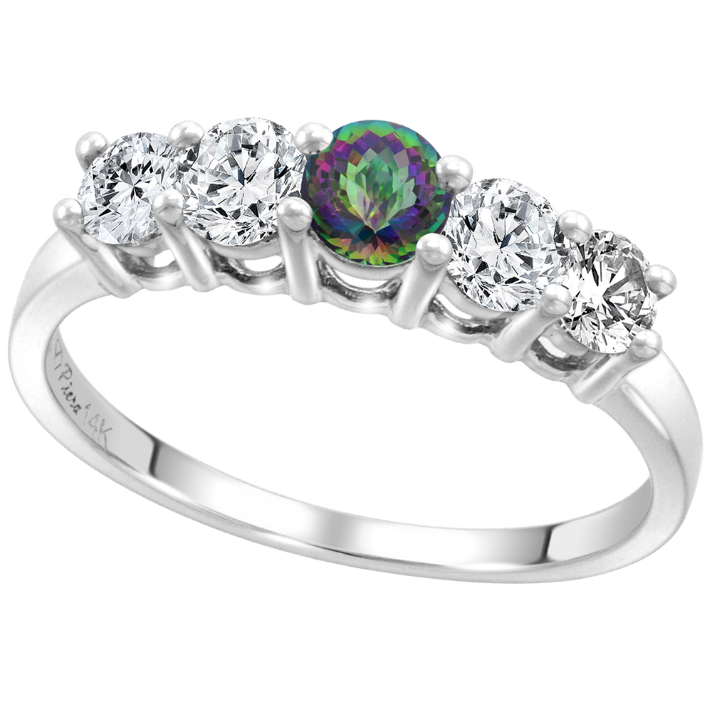 14k White Gold 0.6ct Diamond & Genuine Mystic Topaz 5-Stone Ring Round Brilliant cut 4mm, size 5-10