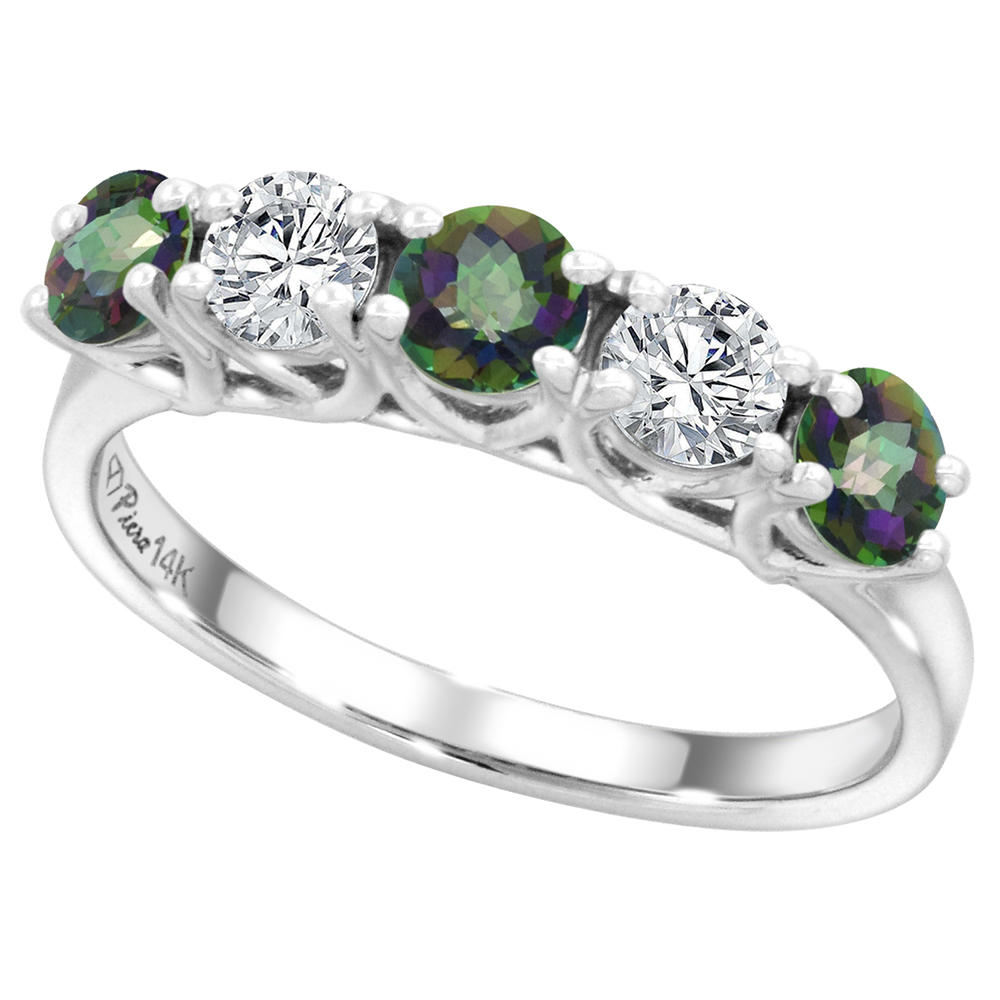 14k White Gold Genuine Mystic Topaz and Diamond 5-Stone Ring Round Brilliant cut 0.4ct 3.7mm, size 5-10