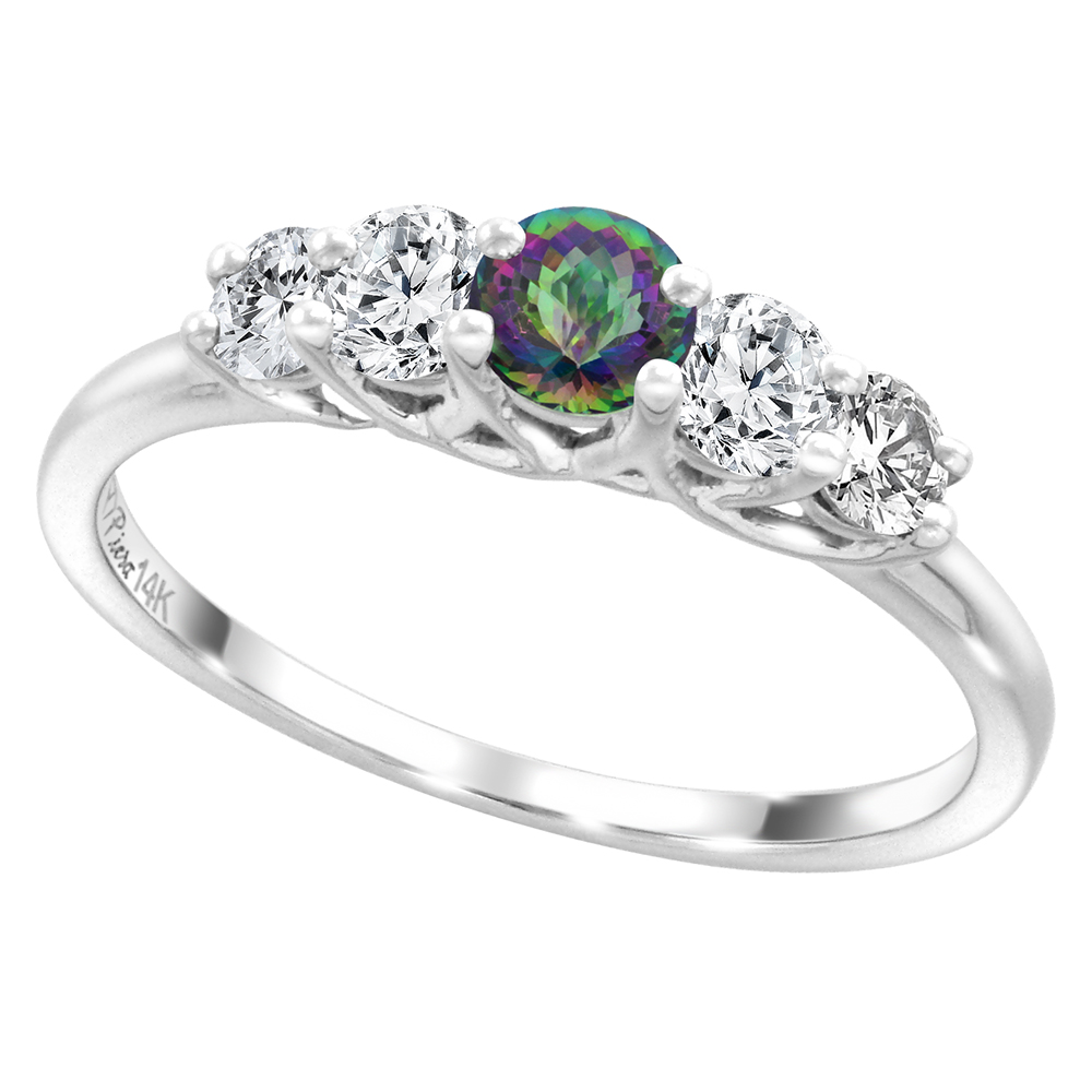 14k White Gold 0.4ct Diamond & Genuine Mystic Topaz 5-Stone Ring Round Brilliant cut 3.6mm, size 5-10