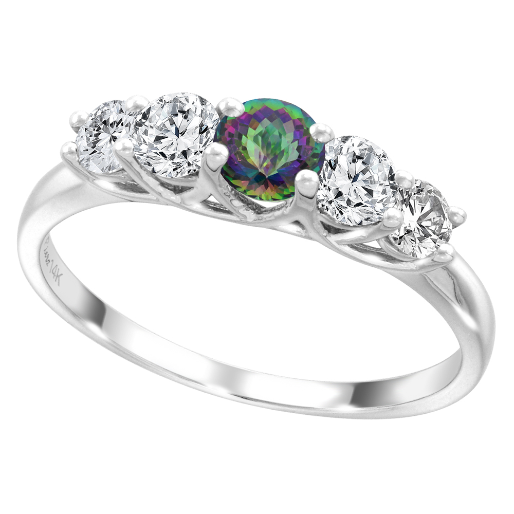 14k White Gold 0.6ct Diamond & Genuine Mystic Topaz 5-Stone Ring Round Brilliant cut 3.8mm, size 5-10